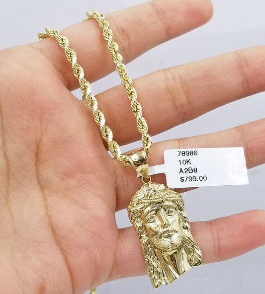 Real 10k Yellow Gold 3mm Rope Chain 20" inch Necklace And Jesus Head Pendant