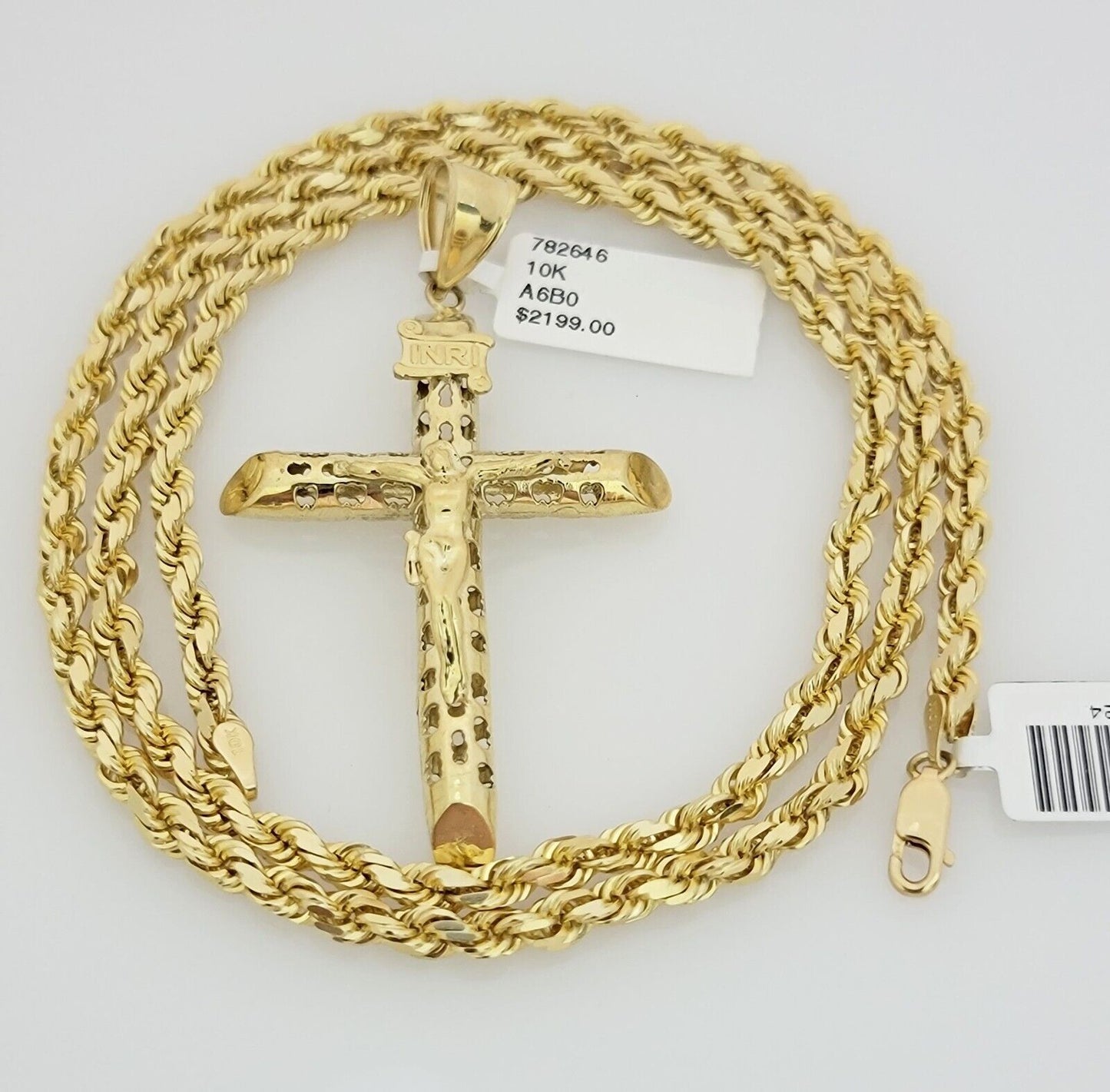 Real 10k Gold Chain Pendant SET Jesus Cross Charm Solid Rope Necklace 4mm 24Inch