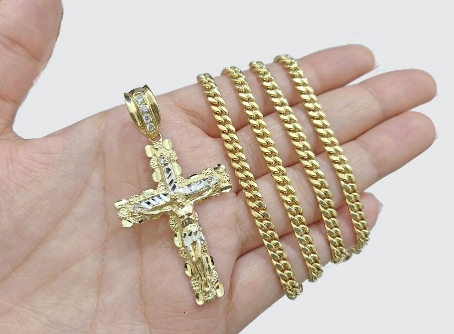 Real 10k Gold Cross Pendant Necklace 26 Inch SET Chain 5mm Miami Cuban Link 10KT