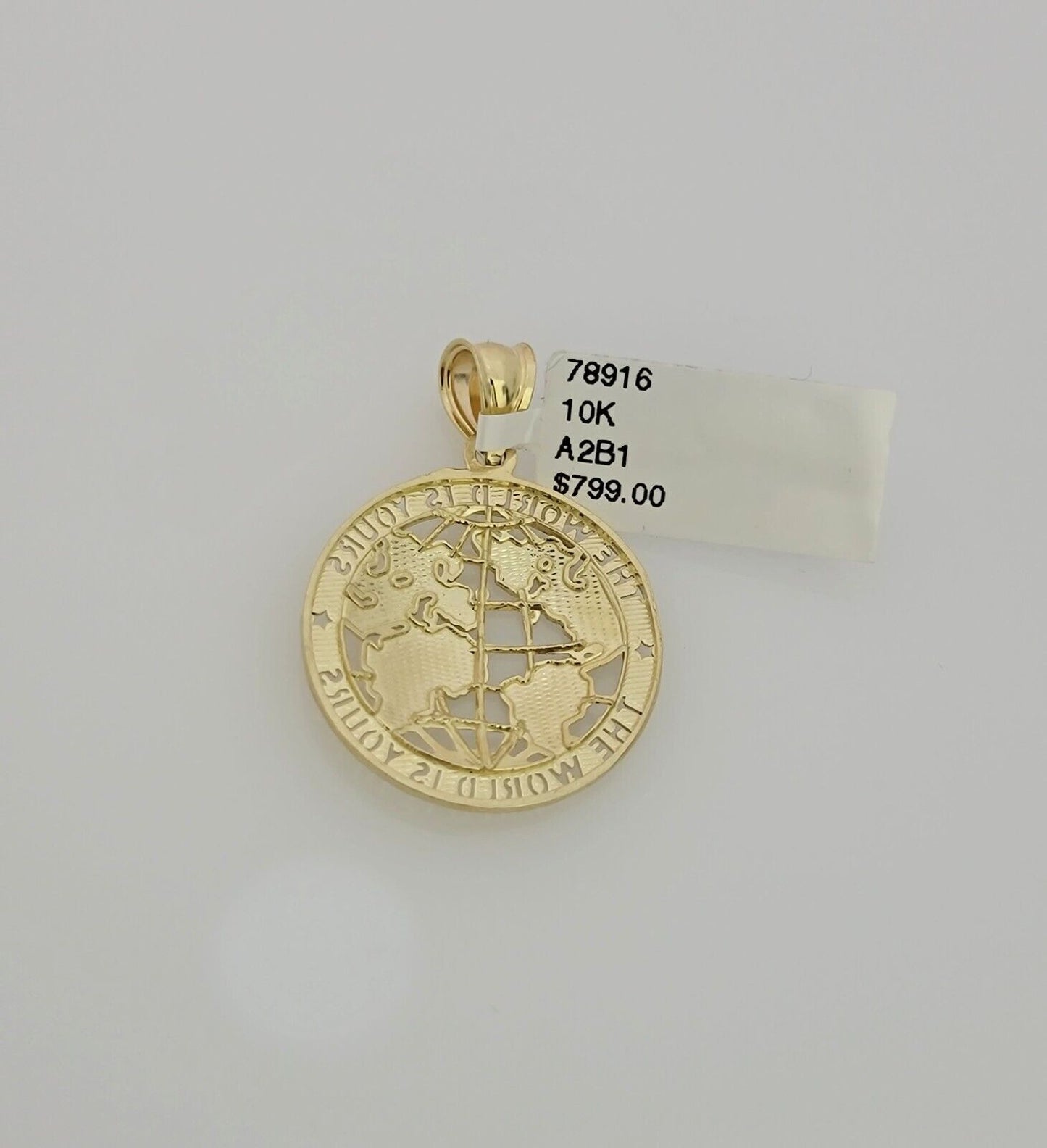 Real 10k Gold Chain Pendant SET World Is Your Charm Rope Necklace 3mm 26 Inch