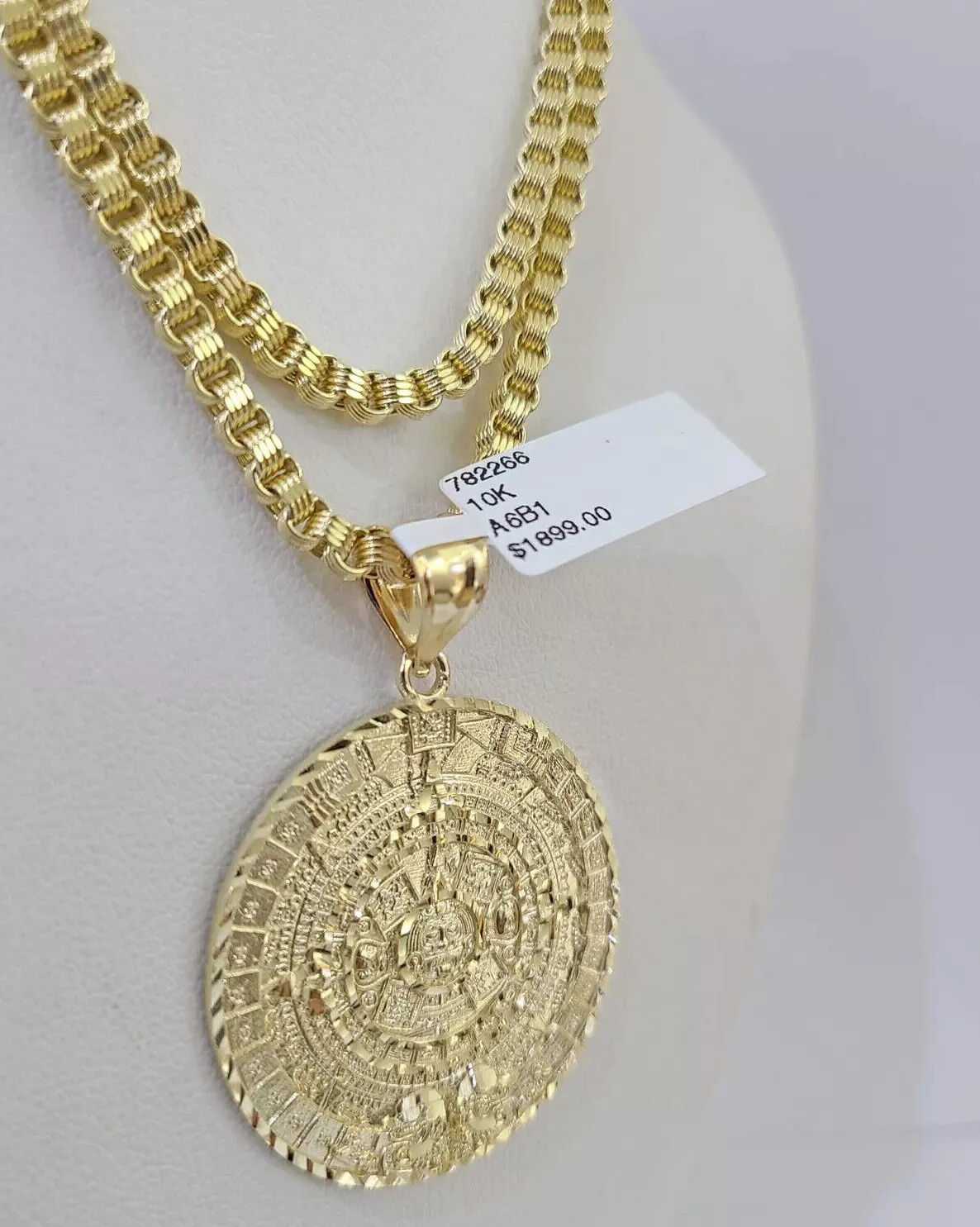 Real 10k Gold Chain pendant Set Byzantine Necklace 3mm Mayan Calendar charm 10kt 18"-28"