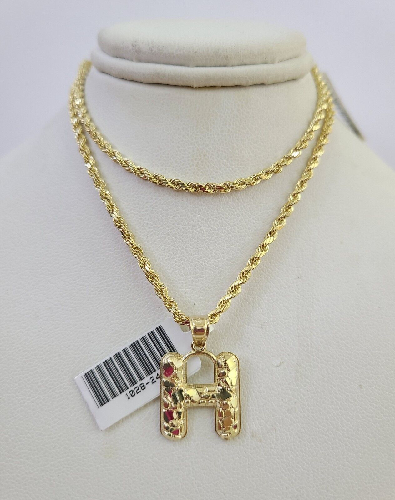 10k Gold Initial H Charm Rope Chain 16"-26" 2.5mm SET Necklace Alphabet Pendant