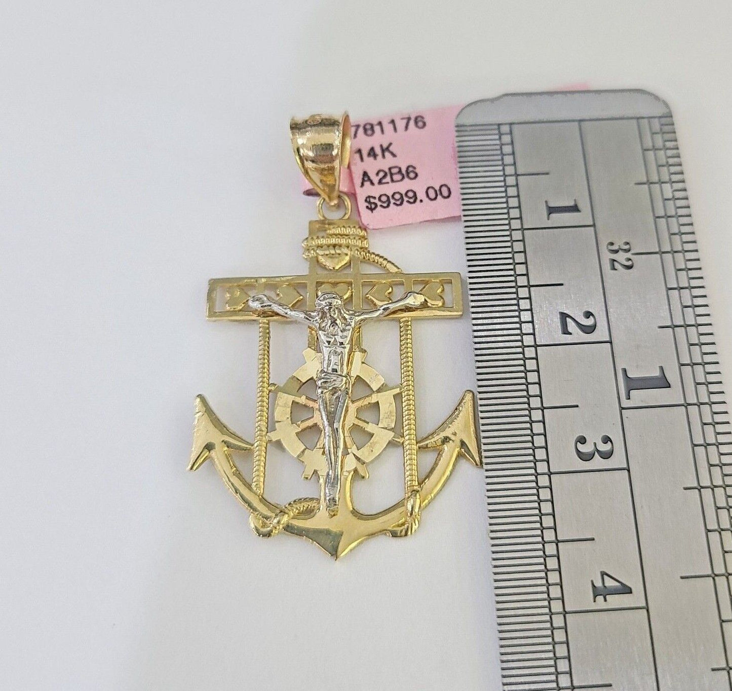 Real 14k Yellow Gold Jesus Anchor Charm Pendant &Miami Cuban Link Chain Necklace