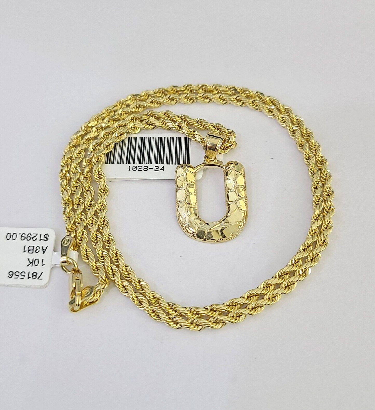 10k Gold Initial U Charm Rope Chain 16"-26" 2.5mm SET Necklace Alphabet Pendant