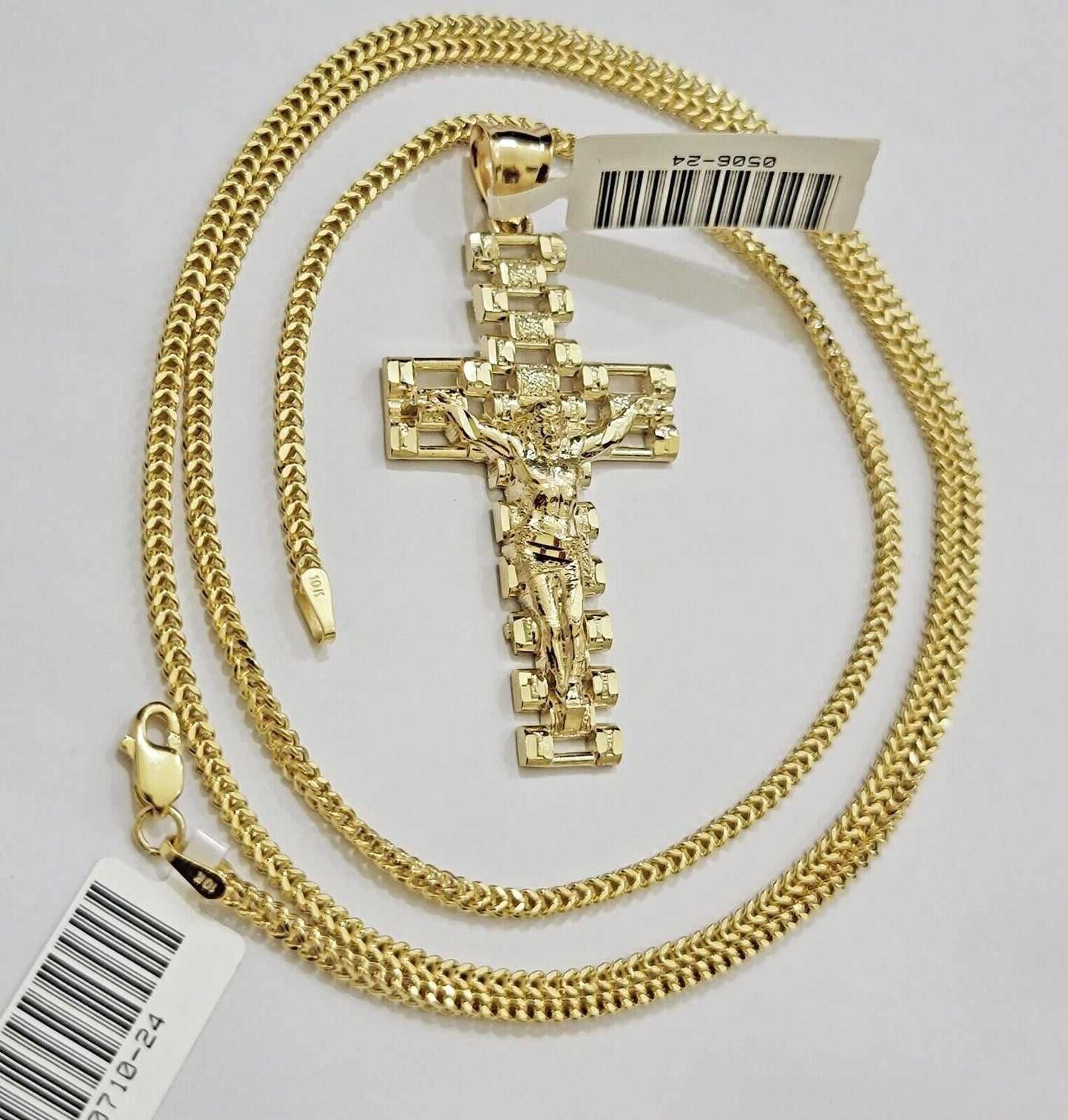 Real 10k Gold Franco Chain Cross Charm SET 22" Inch 2mm Necklace Jesus Pendant