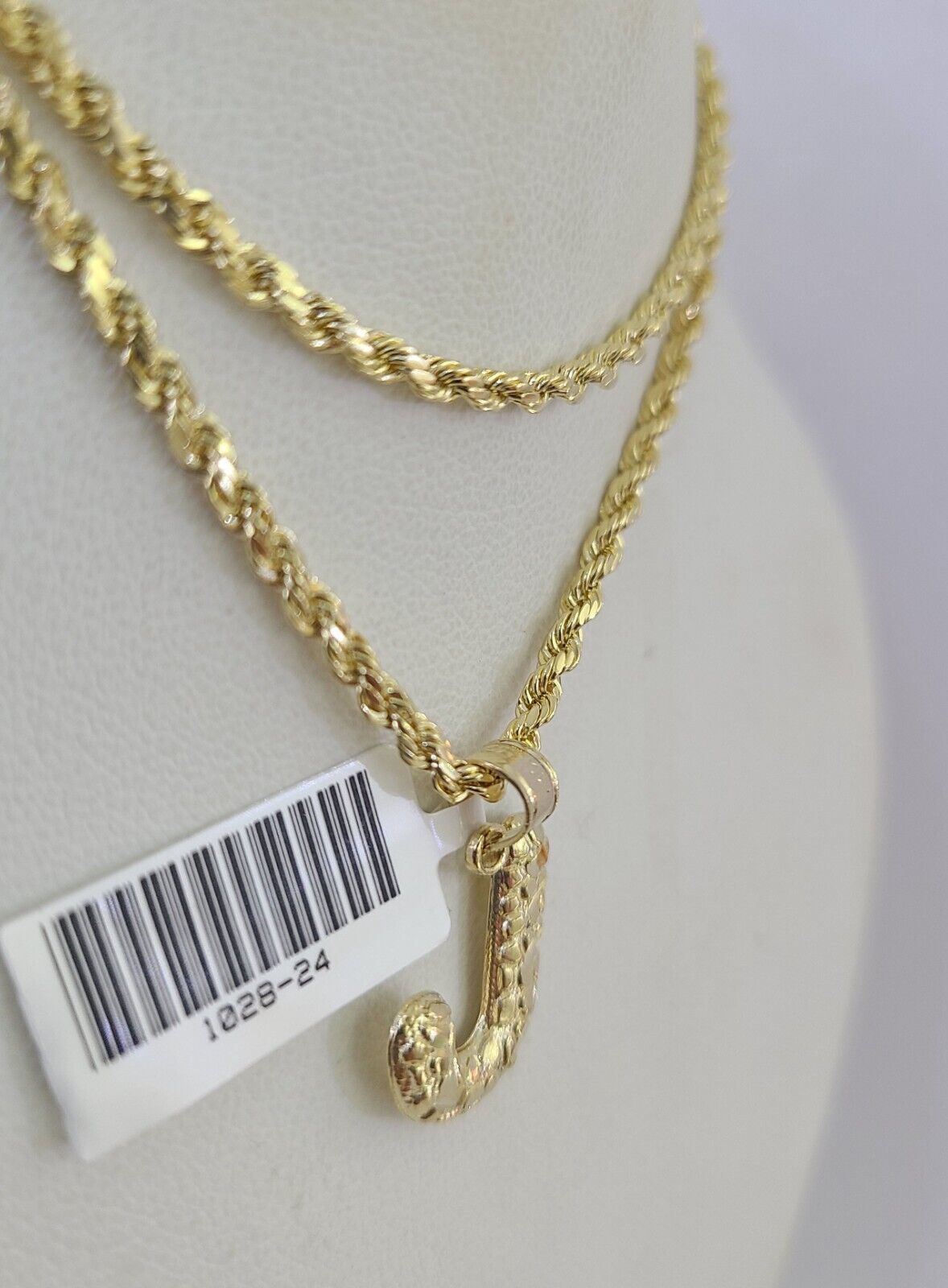 10k Gold Initial J Charm Rope Chain 16"-26" 2.5mm SET Necklace Alphabet Pendant