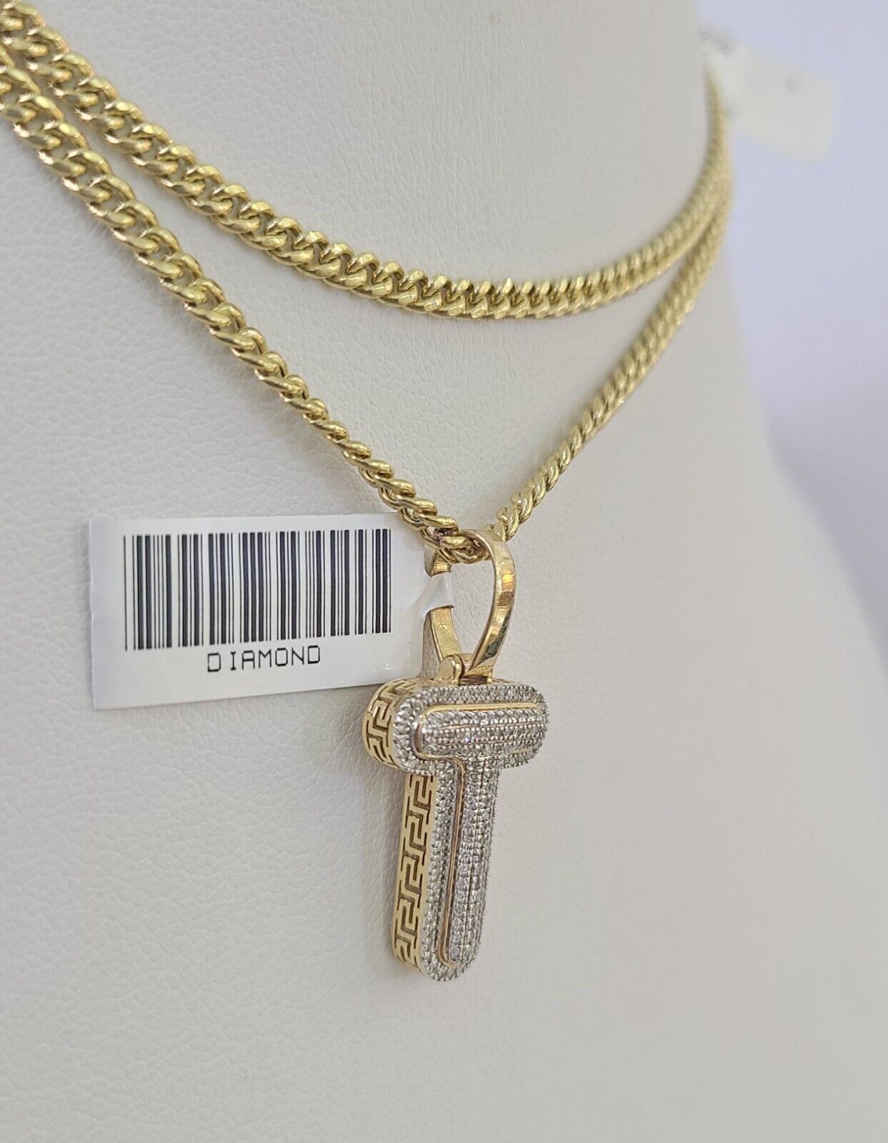 Real 10k Gold Necklace Chain Diamond T Alphabet Charm SET 3mm Miami Cuban Link