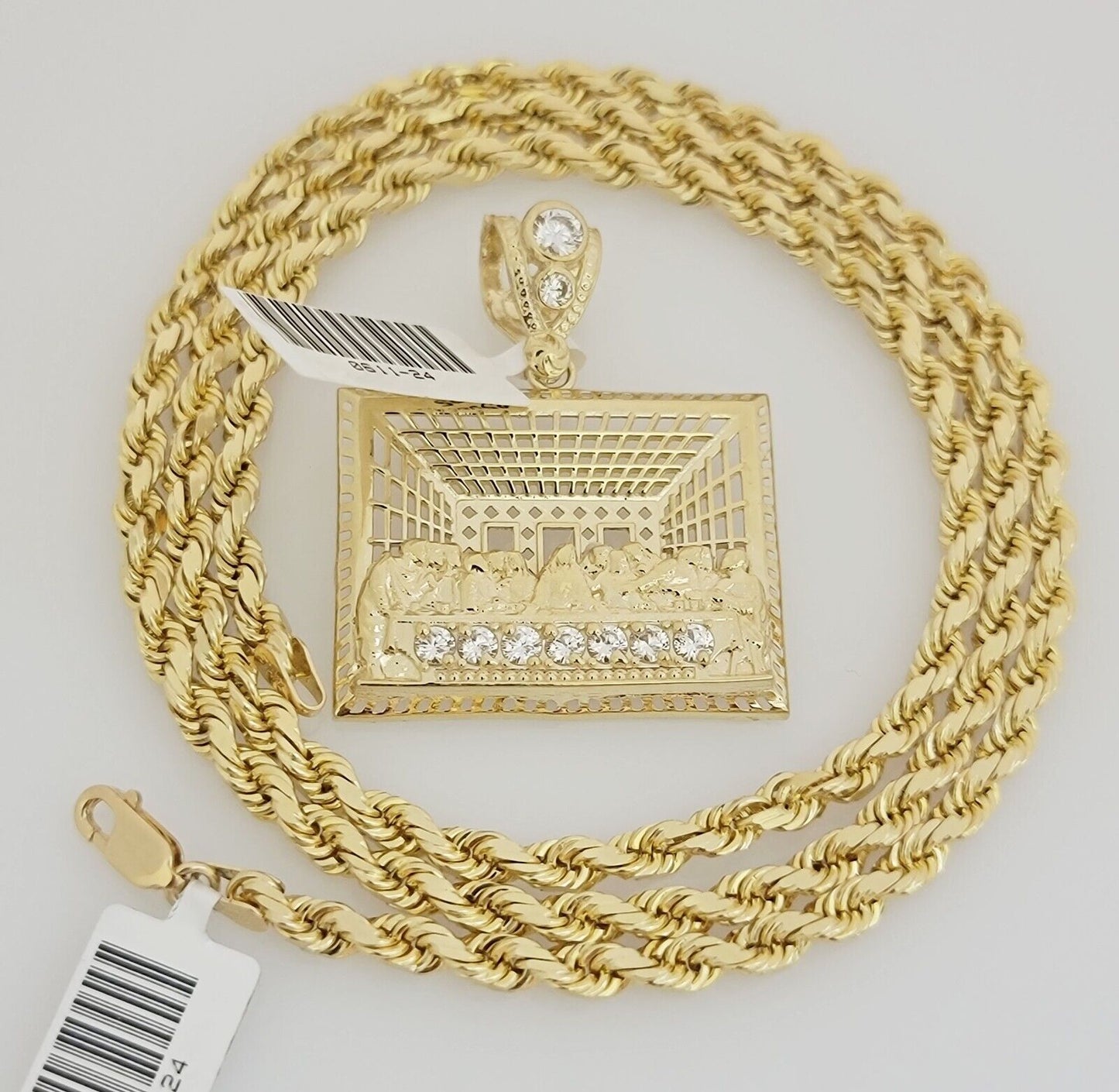 Real 10k Gold Chain Pendant SET Last supper Charm Solid Rope Necklace 4mm 20-28"