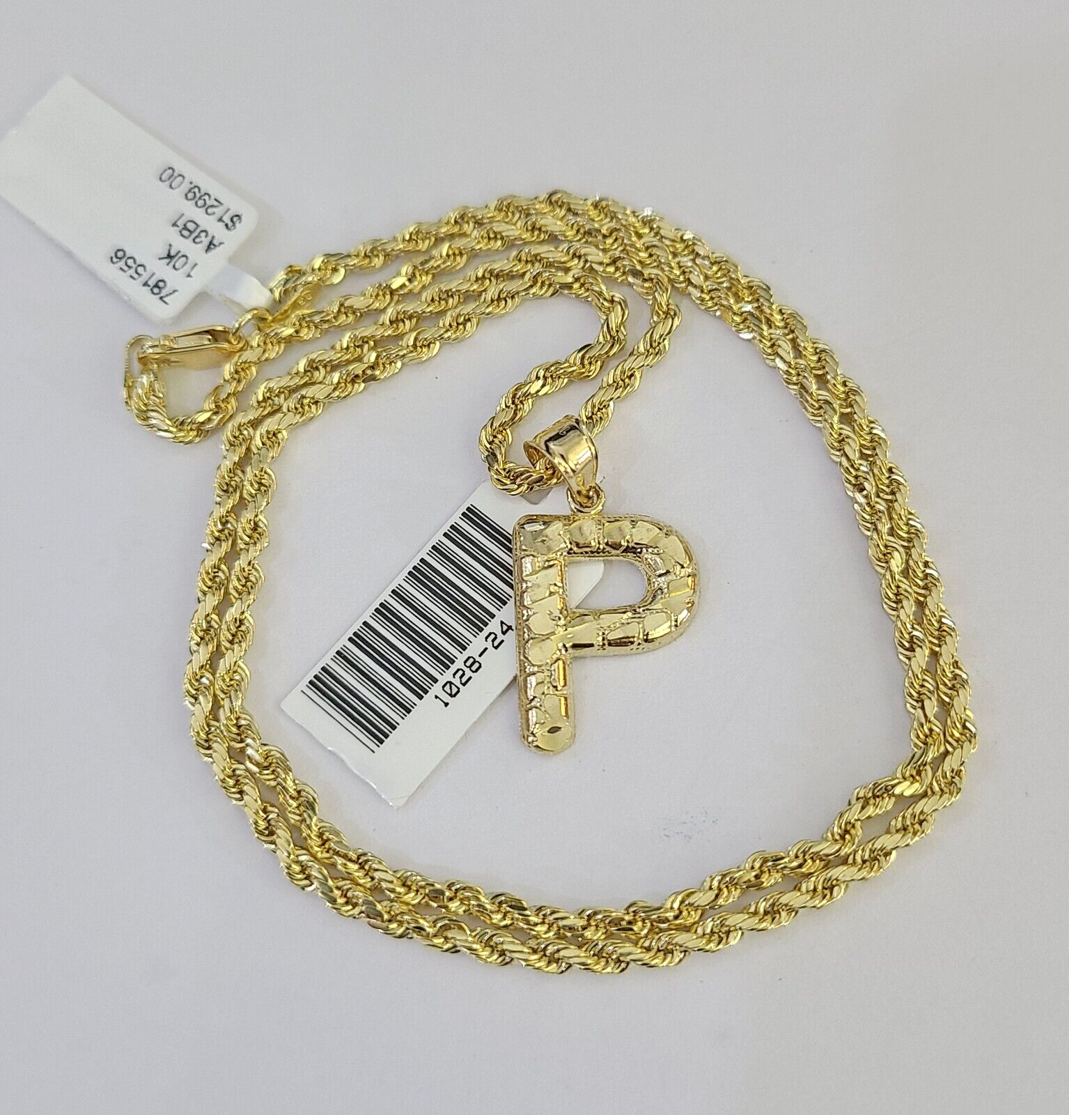10k Gold Initial P Charm Rope Chain 16"-26" 2.5mm SET Necklace Alphabet Pendant