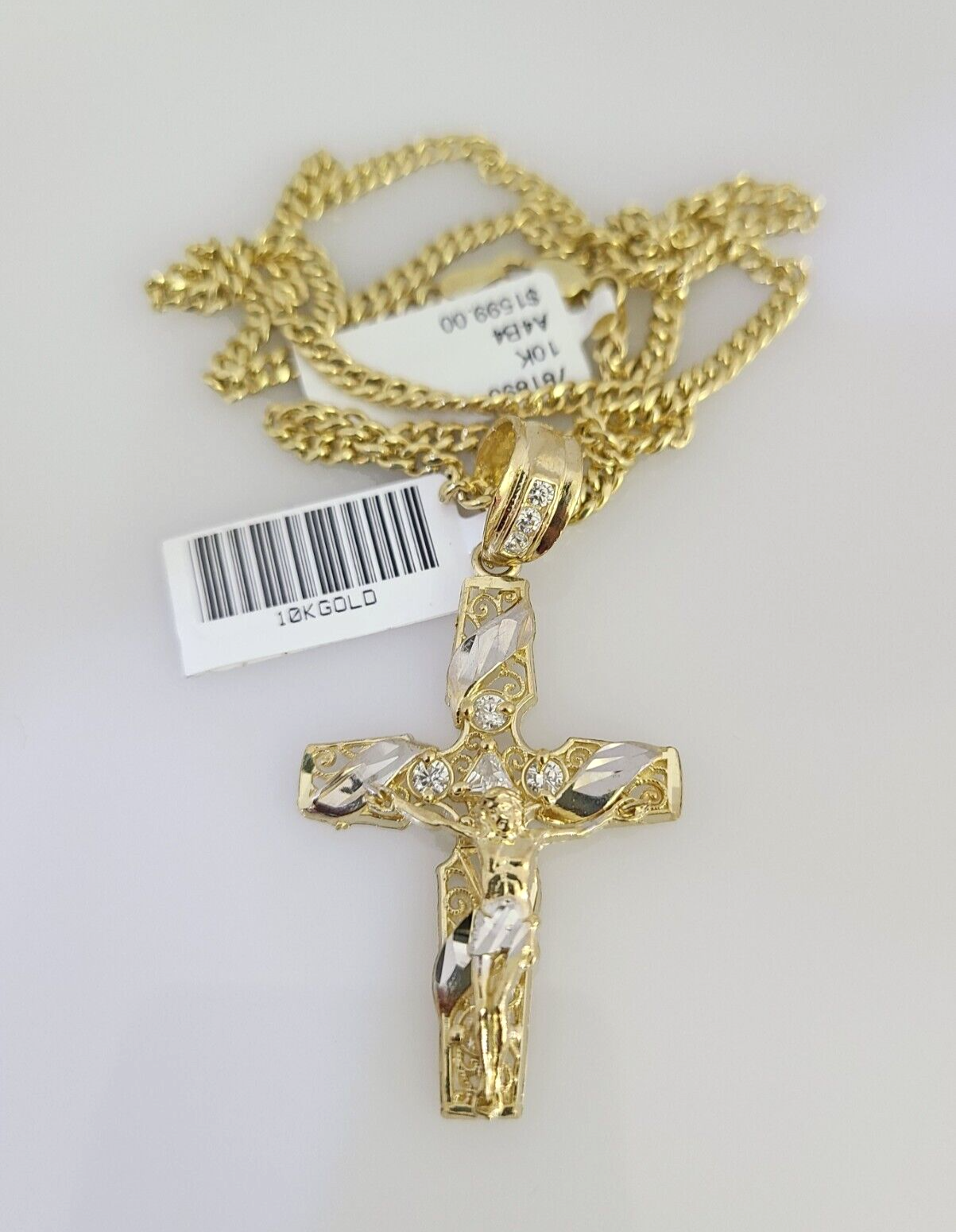 REAL 10k Yellow Gold Cuban Link Chain With Cross Charm Pendant, Necklace 3mm 20"