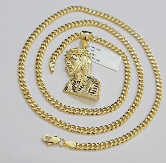Real 10k Gold Jesus Heard Charm Pendant &Miami Cuban Link Chain 4mm Necklace SET