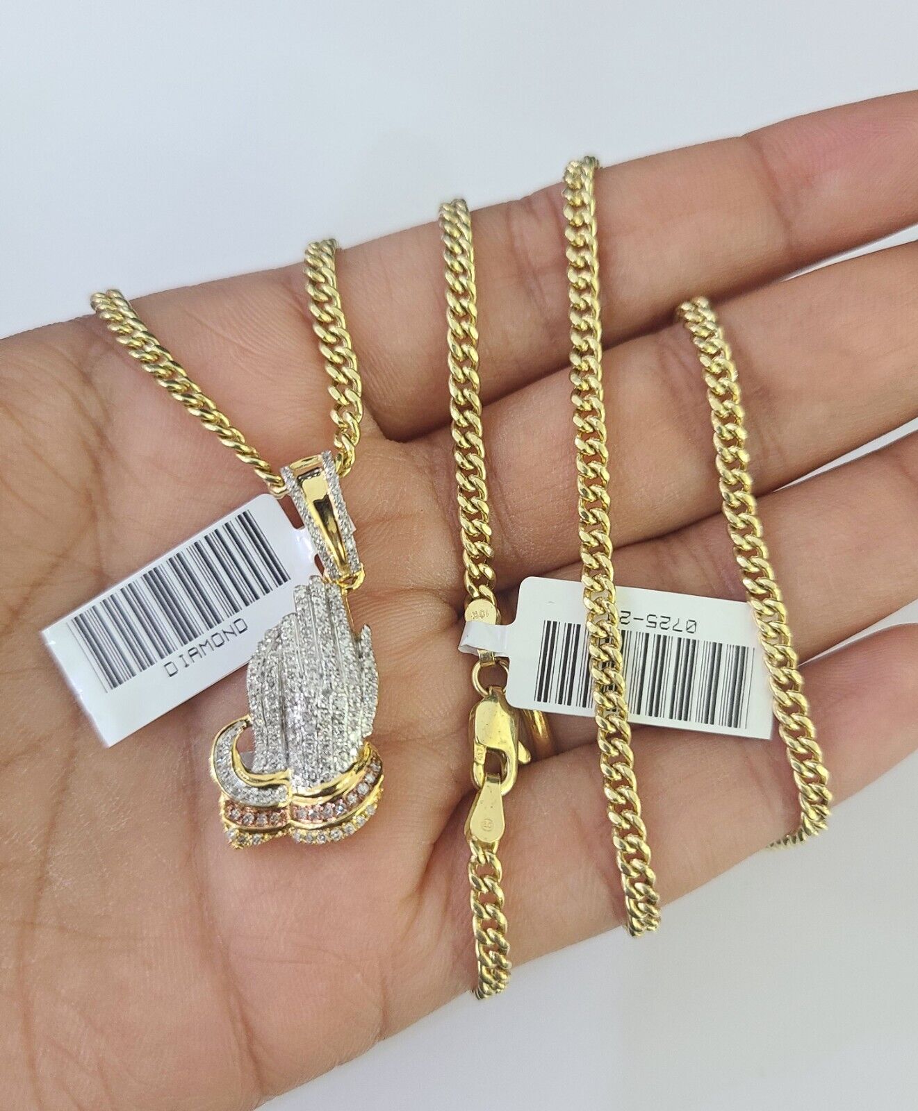 Real 10k Gold Necklace Chain Diamond Praying Hands Charm SET 3mm Miami Cuban