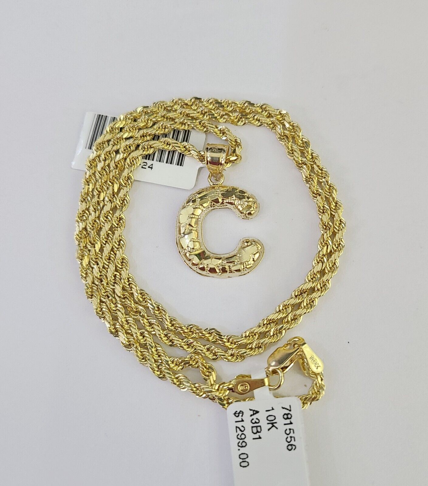 10k Gold Initial C Charm Rope Chain 16"-26" 2.5mm SET Necklace Alphabet Pendant