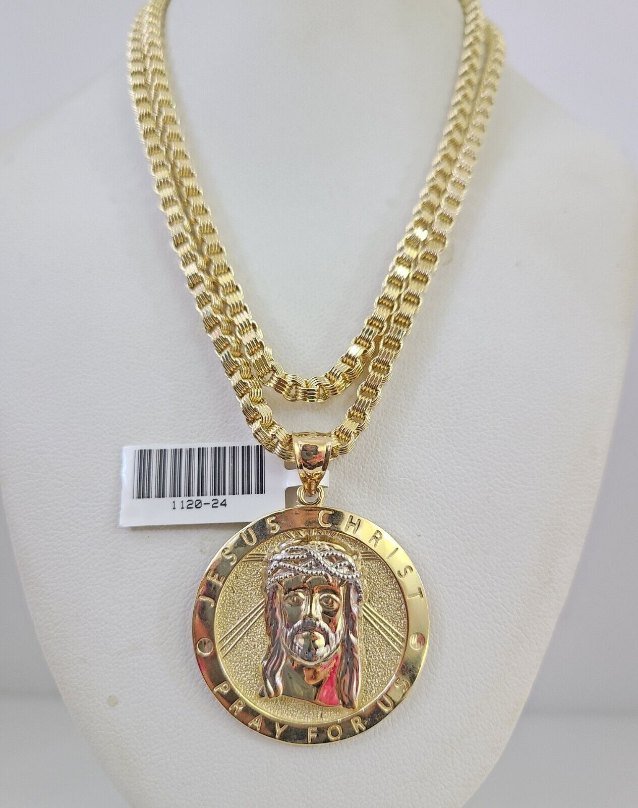 Real 10k Gold Byzantine Chain Jesus Charm Pendant SET 3mm 28 Inch Mens Necklace