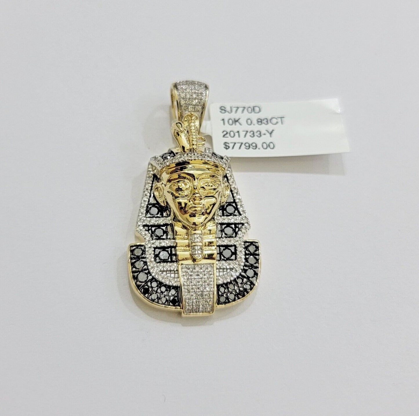 Real 10k Yellow Gold Pharoah Head Charm Pendant With black & White Diamonds Mens