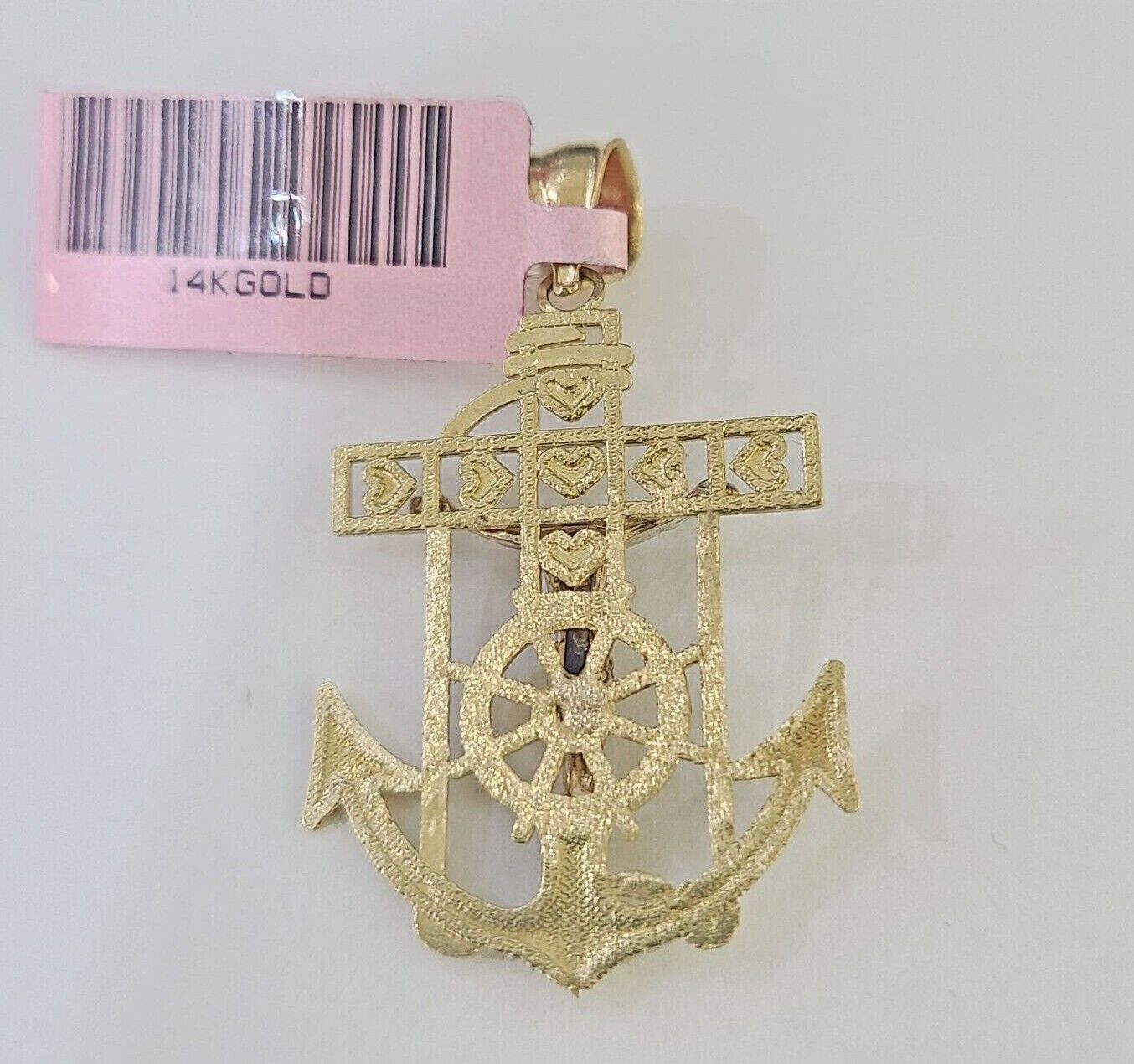 Real 14k Yellow Gold Jesus Anchor Charm Pendant &Miami Cuban Link Chain Necklace