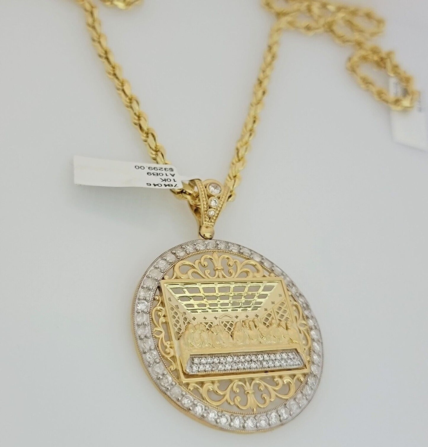 Real 10k Gold Chain Pendant SET Last supper Charm Solid Rope Necklace 4mm 20-28"