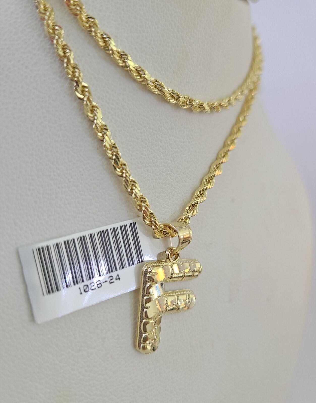 10k Gold Initial F Charm Rope Chain 16"-26" 2.5mm SET Necklace Alphabet Pendant