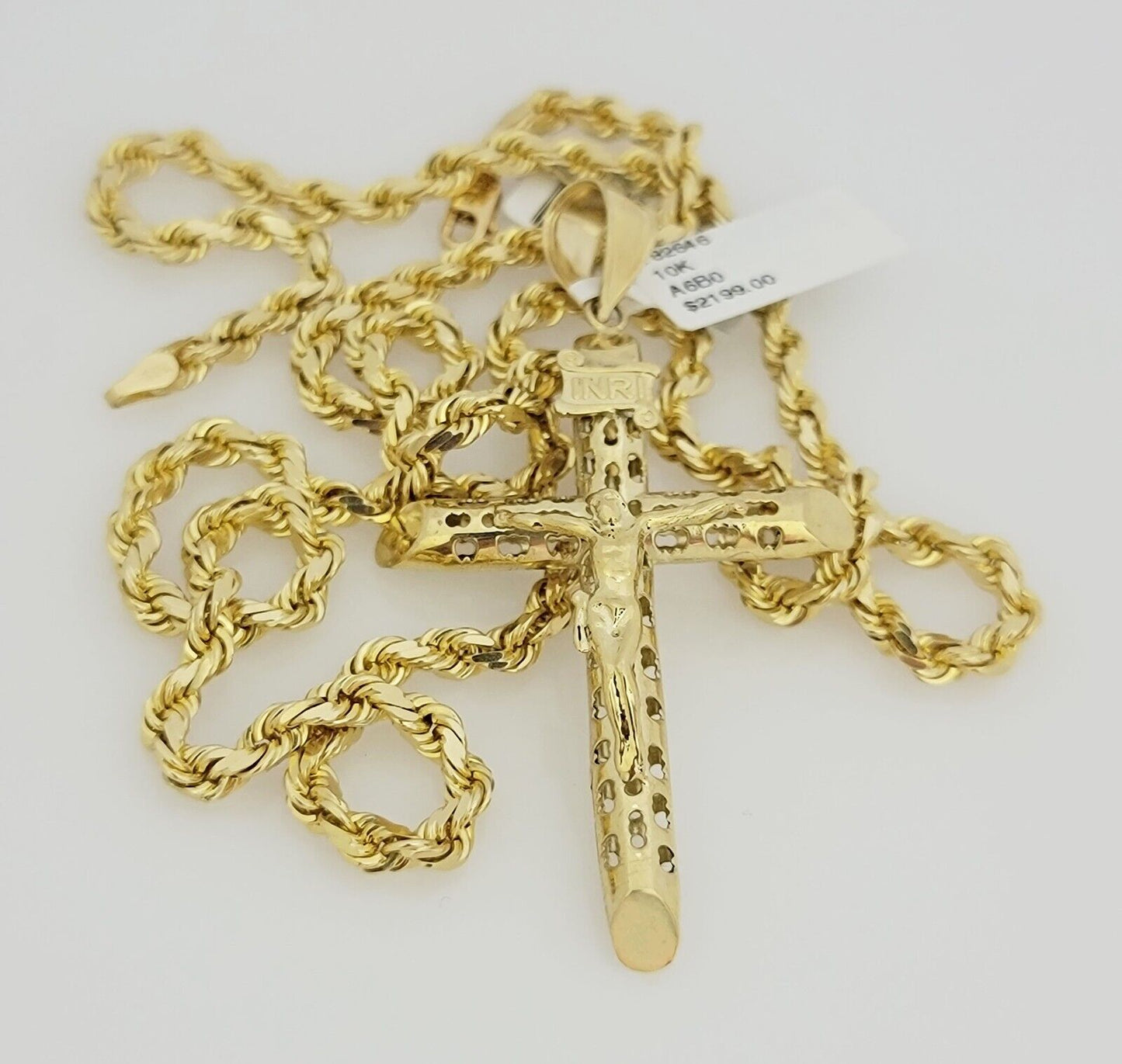 Real 10k Gold Chain Pendant SET Jesus Cross Charm Solid Rope Necklace 4mm 24Inch