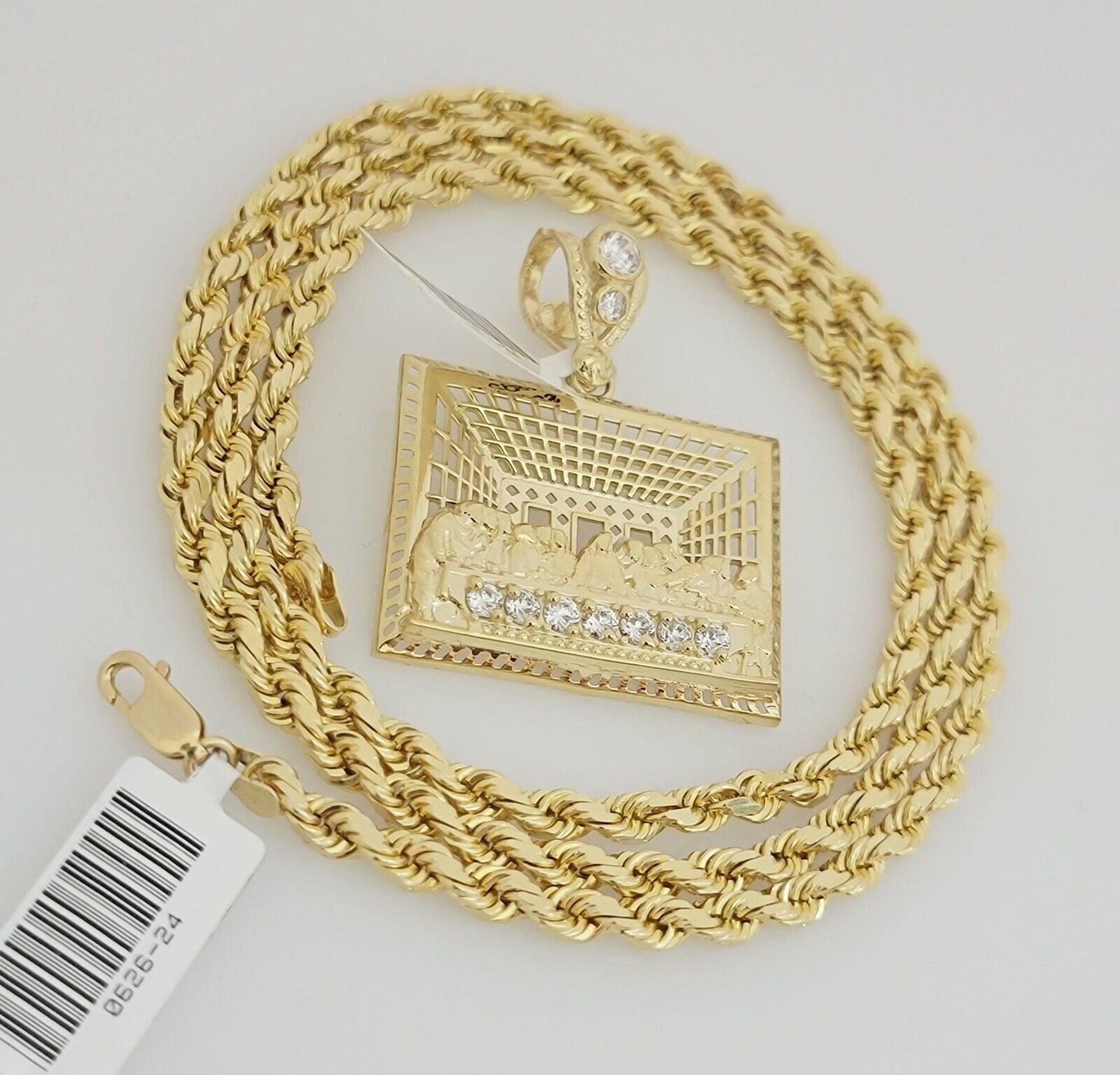 Real 10k Gold Chain Pendant SET Last supper Charm Solid Rope Necklace 4mm 20-28"