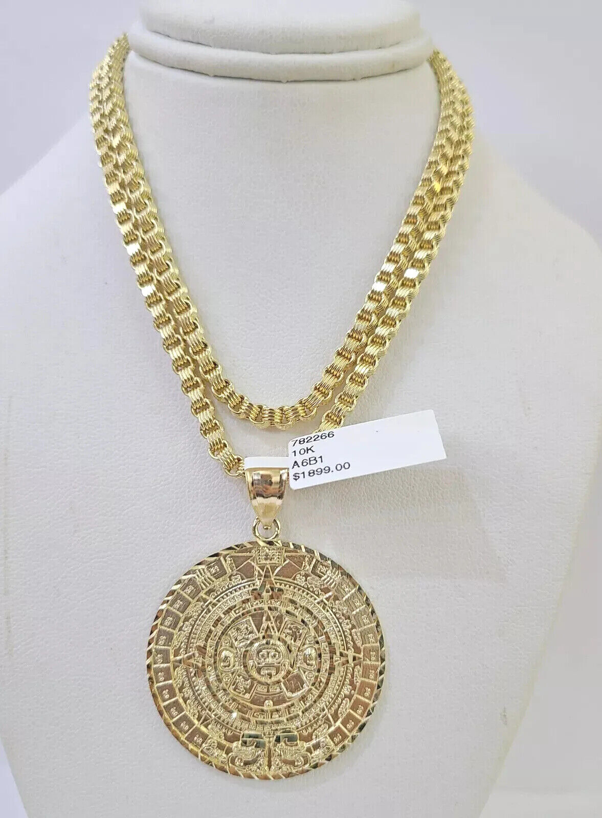 Real 10k Gold Chain pendant Set Byzantine Necklace 3mm Mayan Calendar charm 10kt 18"-28"