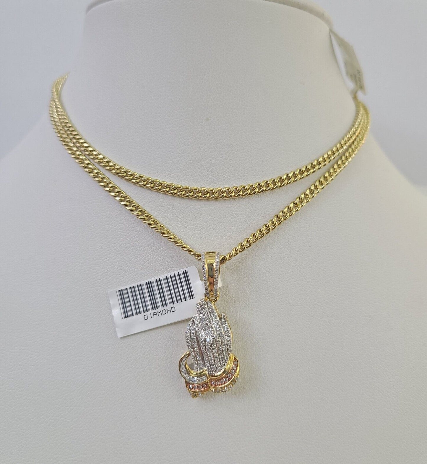 Real 10k Gold Necklace Chain Diamond Praying Hands Charm SET 3mm Miami Cuban
