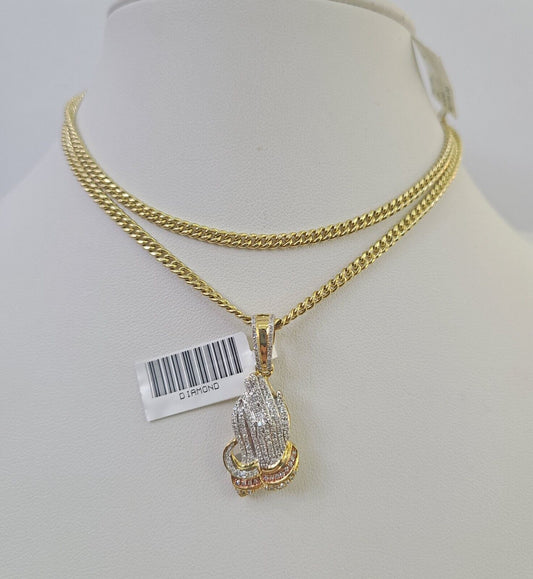 Real 10k Gold Necklace Chain Diamond Praying Hands Charm SET 3mm Miami Cuban