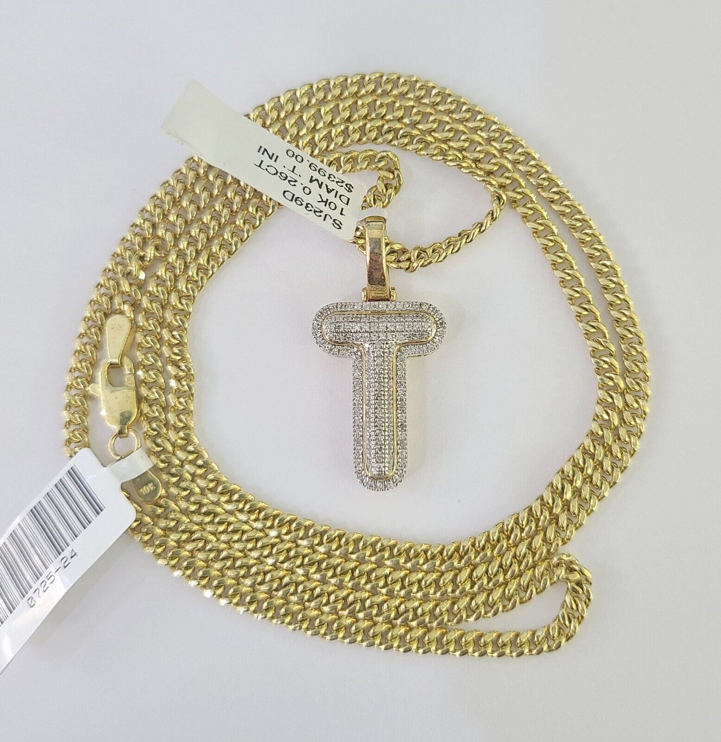 Real 10k Gold Necklace Chain Diamond T Alphabet Charm SET 3mm Miami Cuban Link