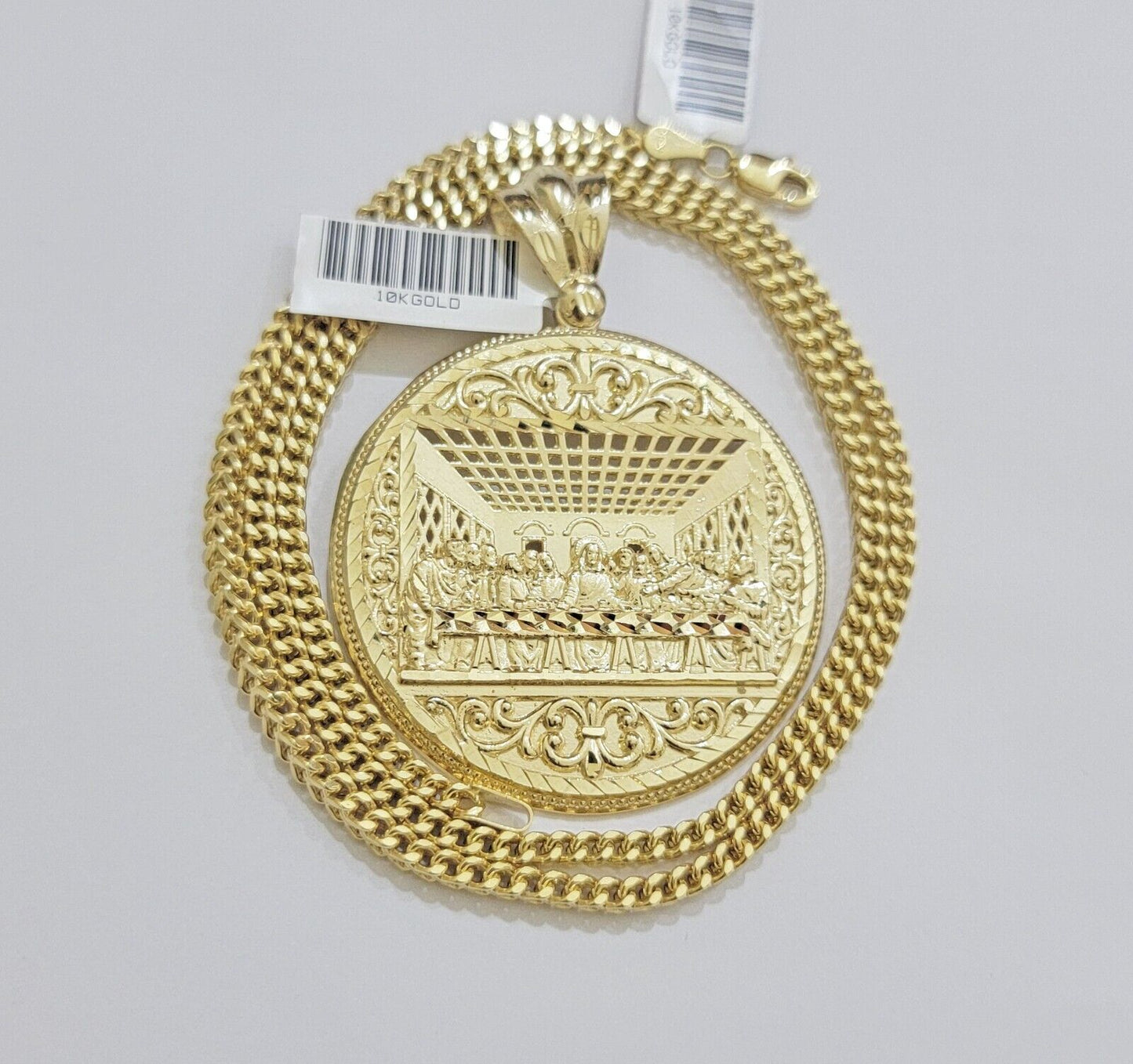 REAL 10k Gold Franco Chain Necklace 26 Inch Last Supper Pendant SET 10KT For Men