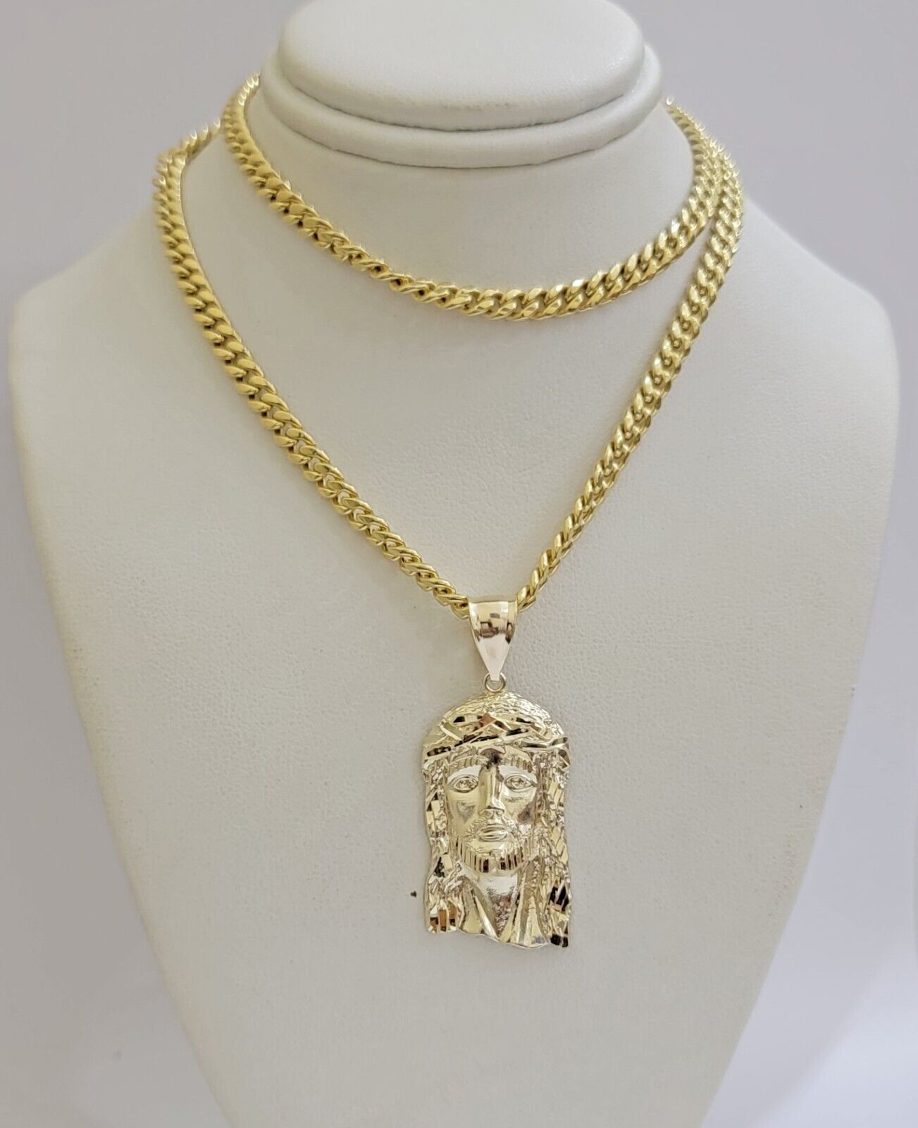 Mens 10k Gold Chain Necklace Charm Pendant SET ,5mm Miami Cuban Link, Jesus Face