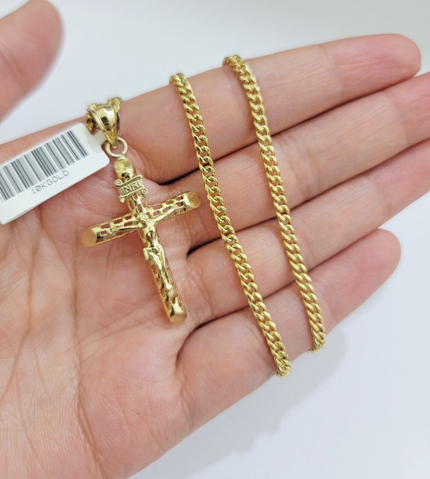 Real 10k Gold Chain Jesus Cross Charm Pendant SET 3mm Miami Cuban Link Necklace
