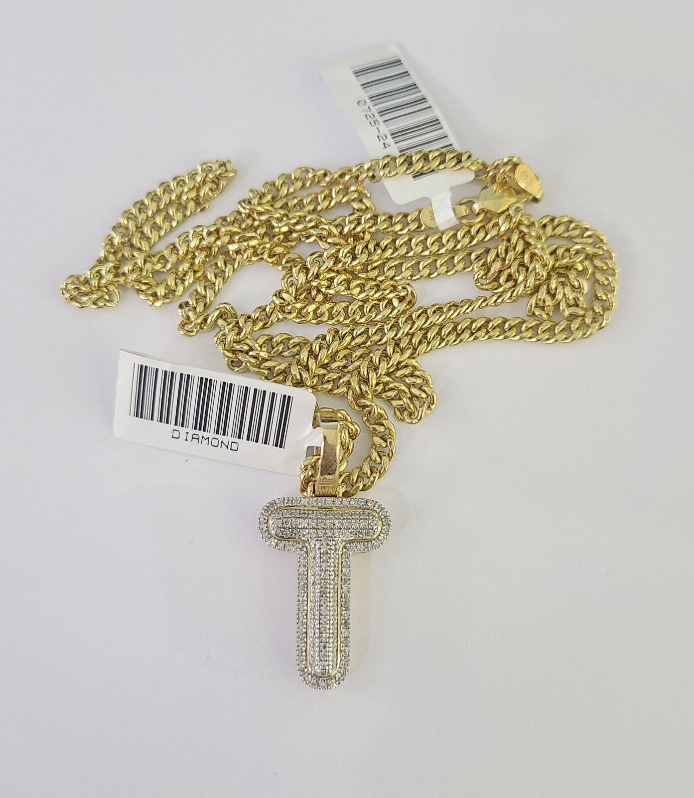 Real 10k Gold Necklace Chain Diamond T Alphabet Charm SET 3mm Miami Cuban Link