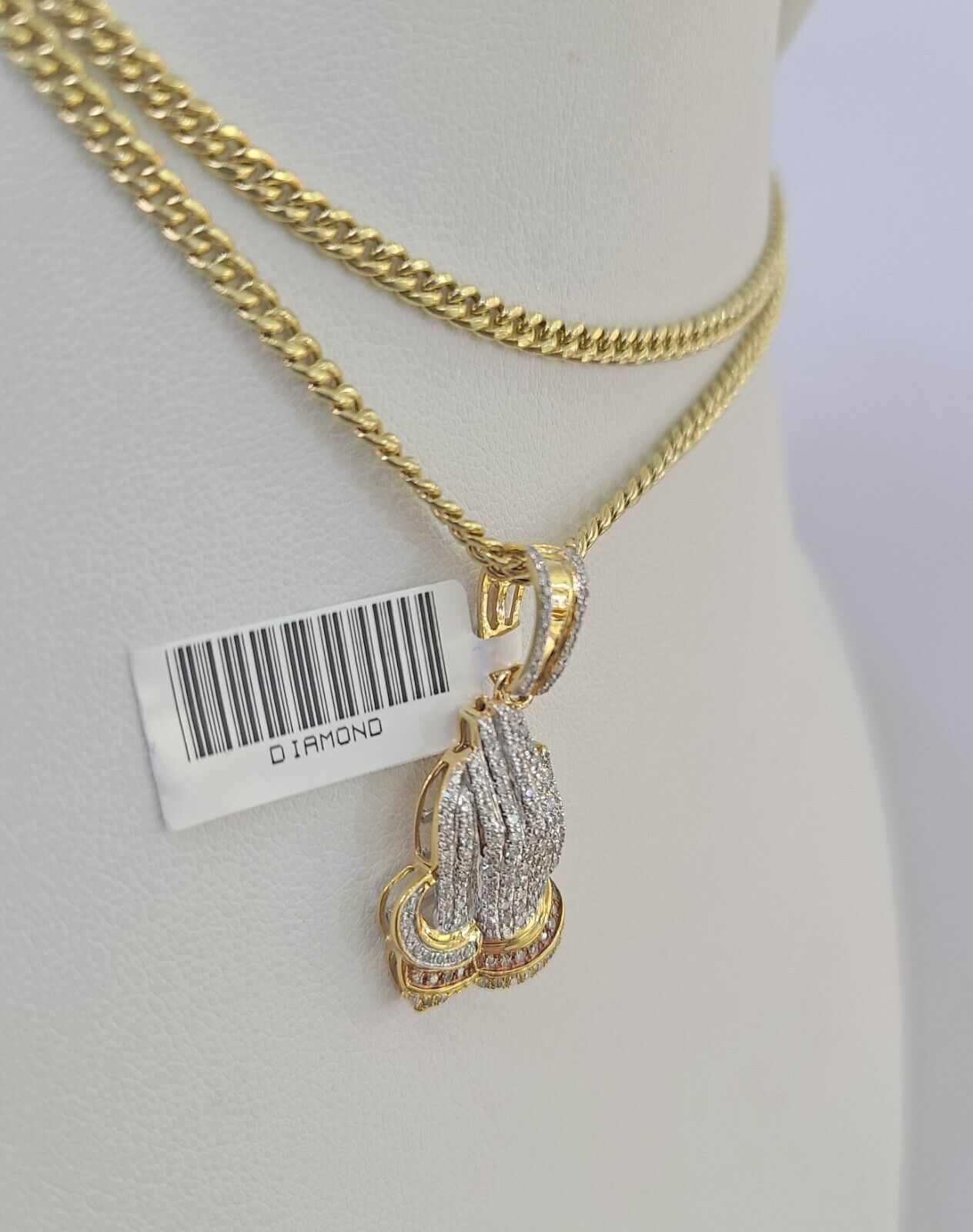 Real 10k Gold Necklace Chain Diamond Praying Hands Charm SET 3mm Miami Cuban