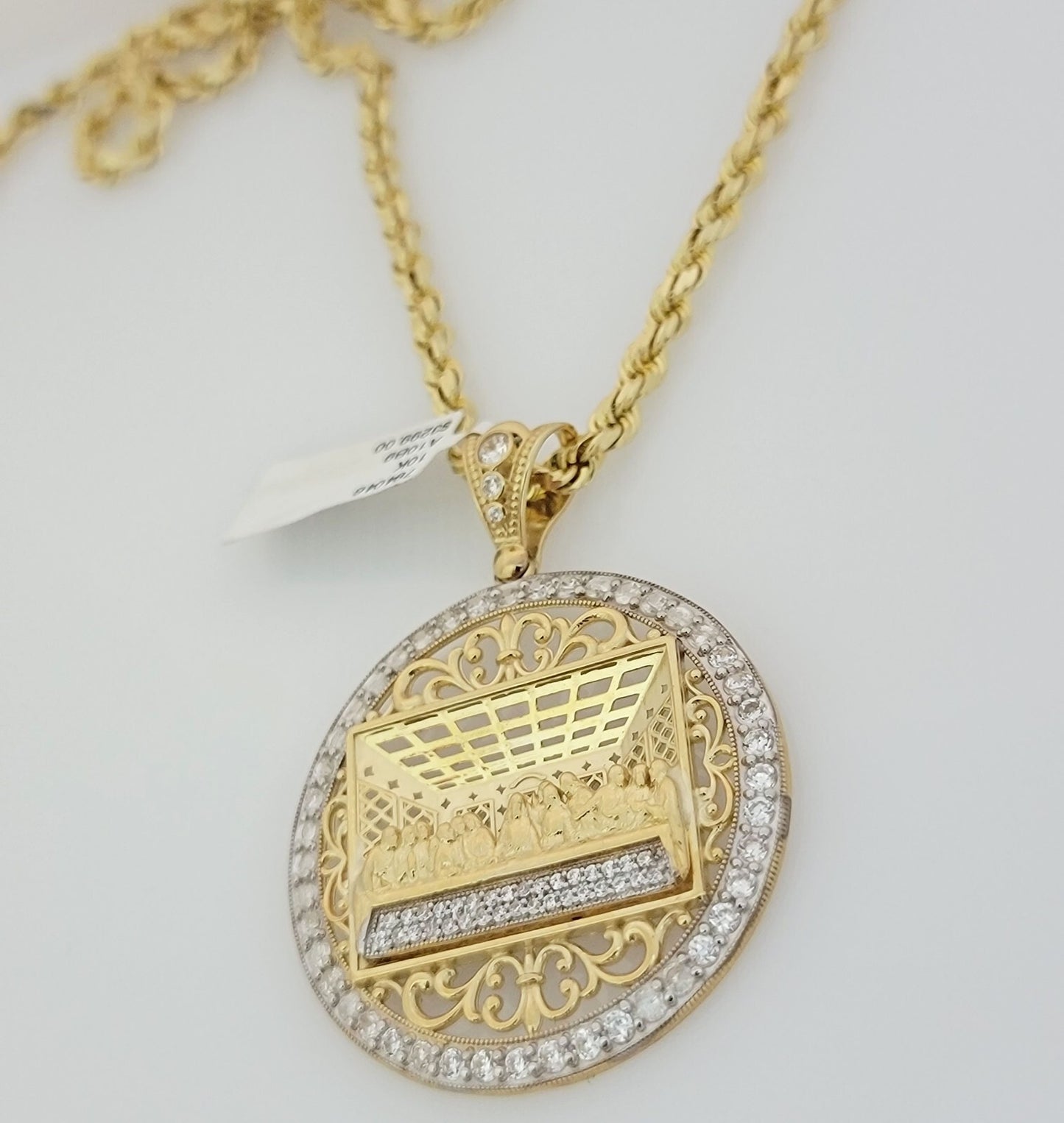 Real 10k Gold Rope chain Last supper Charm Pendant SET Solid Necklace 4mm 22Inch