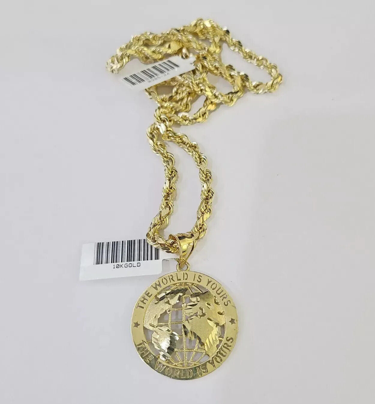 Real 10k Gold Rope Chain Charm World Map Pendant SET 4mm 18-28 inch Necklace