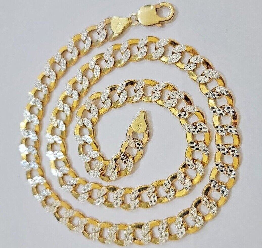 Real 10k Yellow Gold Chain Curb Link Necklace 10mm 18-30 Inch Diamond Cuts