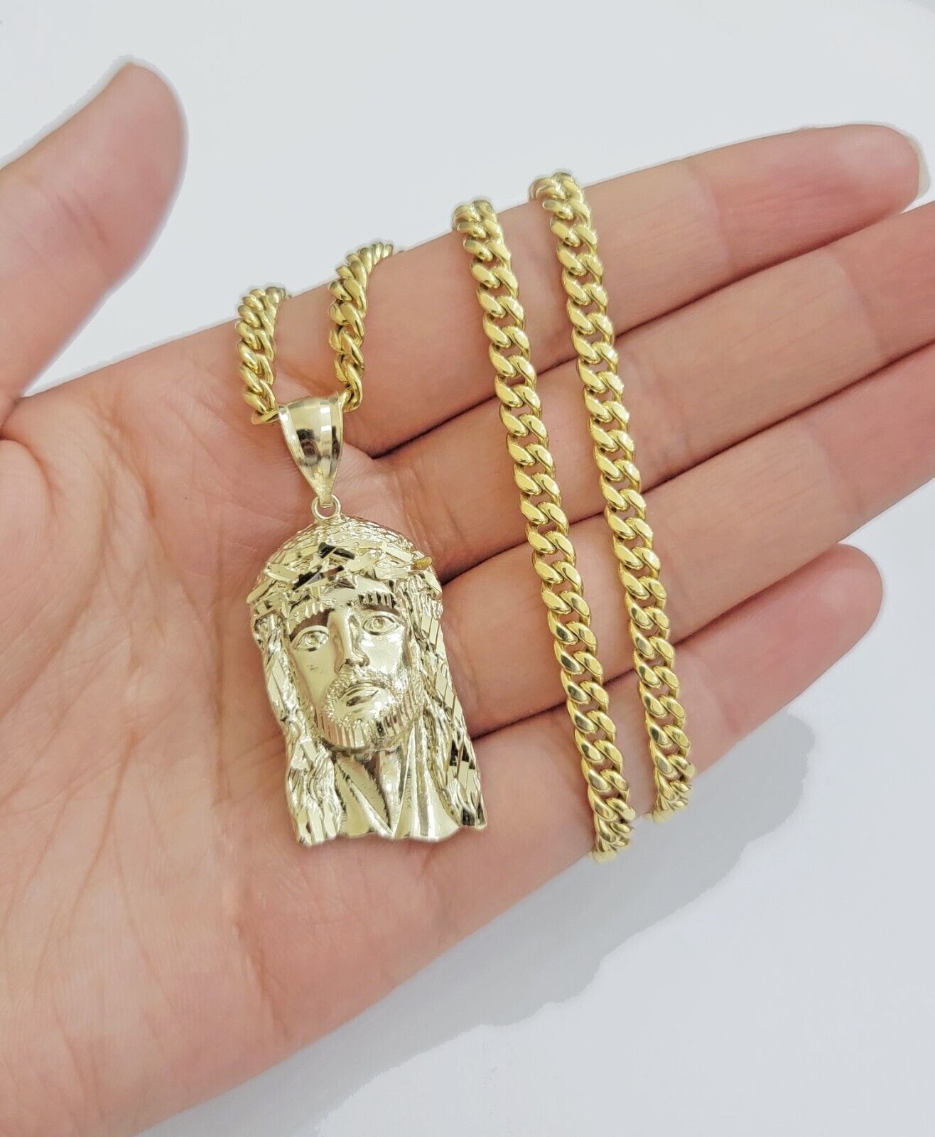 Mens 10k Gold Chain Necklace Charm Pendant SET ,5mm Miami Cuban Link, Jesus Face