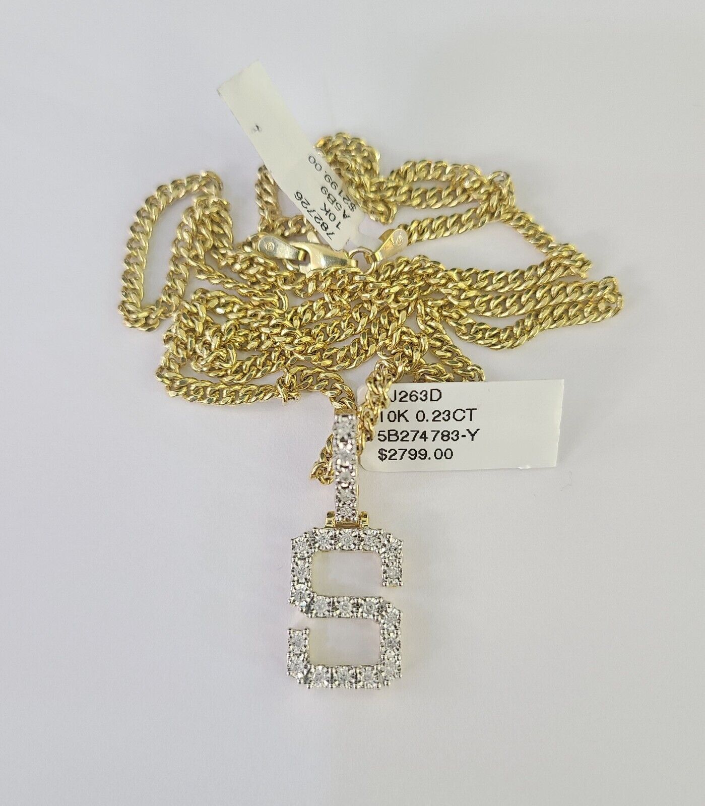 Real 10k Gold Necklace Chain Diamond S Alphabet Charm SET 3mm Miami Cuban Link