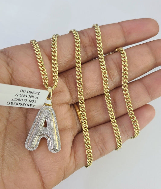 Real 10k Gold Necklace Chain Diamond A Alphabet Charm SET 3mm Miami Cuban Link