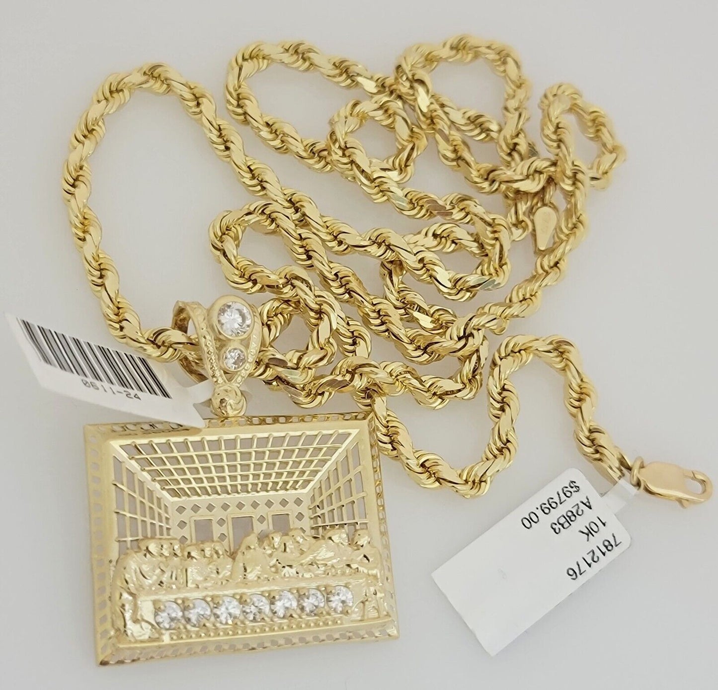 Real 10k Gold Chain Pendant SET Last supper Charm Solid Rope Necklace 4mm 20-28"