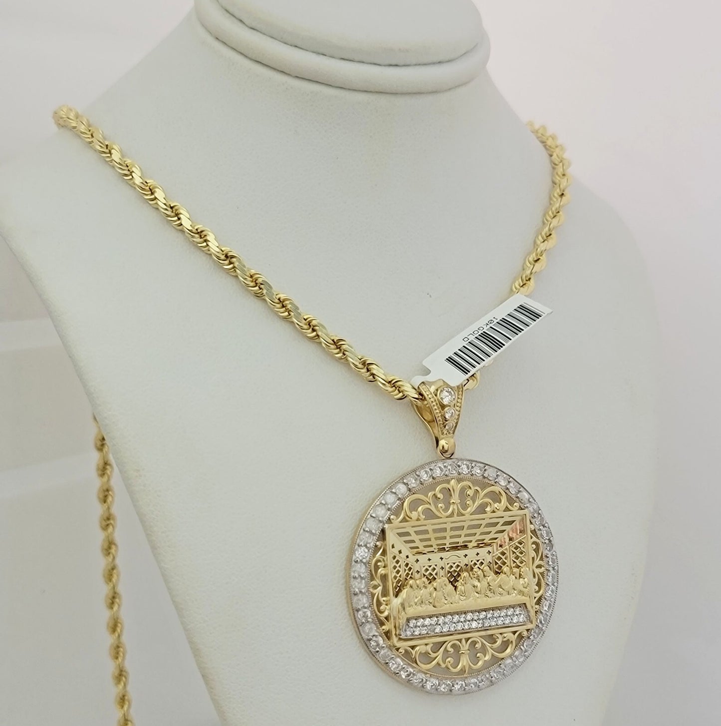 Real 10k Gold Rope chain Last supper Charm Pendant SET Solid Necklace 4mm 22Inch