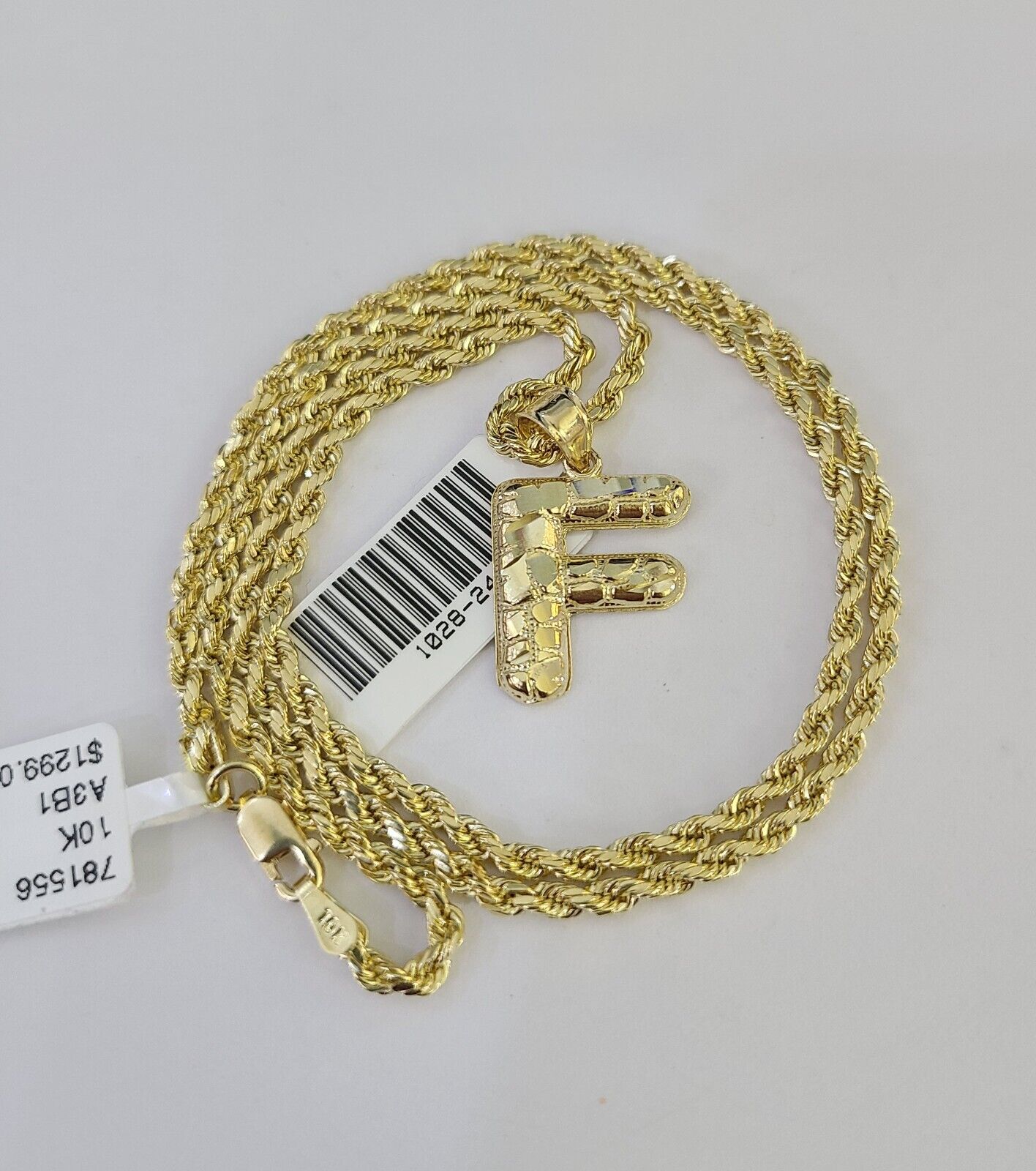 10k Gold Initial F Charm Rope Chain 16"-26" 2.5mm SET Necklace Alphabet Pendant