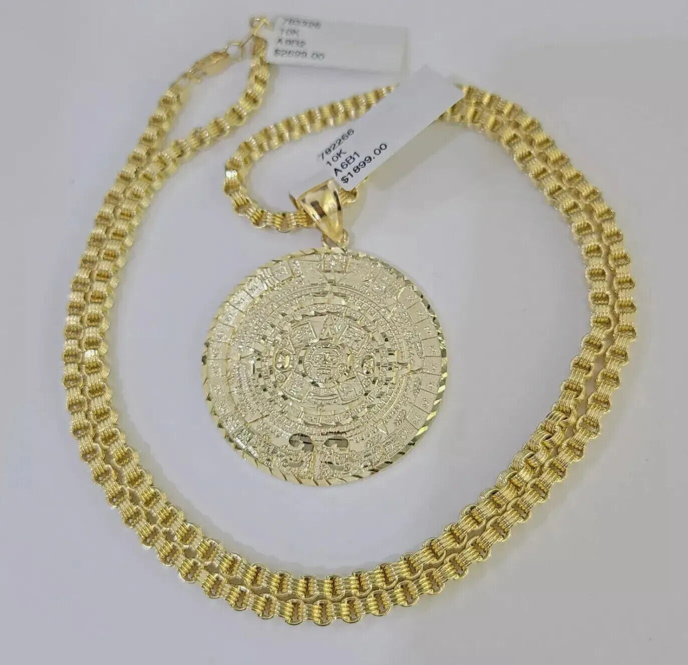 Real 10k Gold Chain pendant Set Byzantine Necklace 3mm Mayan Calendar charm 10kt 18"-28"