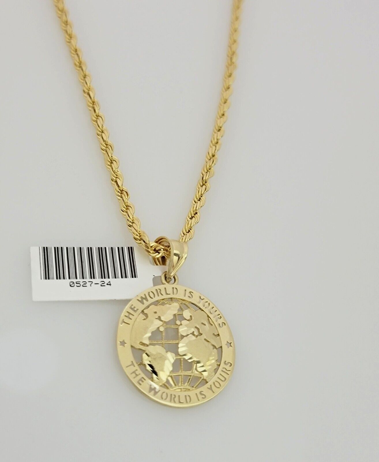 Real 10k Gold Chain Pendant SET World Is Your Charm Rope Necklace 3mm 26 Inch