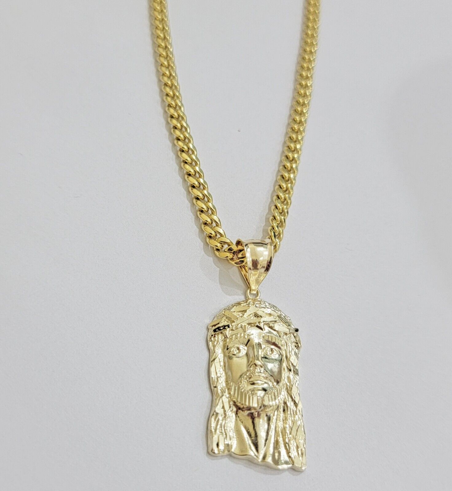 Mens 10k Gold Chain Necklace Charm Pendant SET ,5mm Miami Cuban Link, Jesus Face