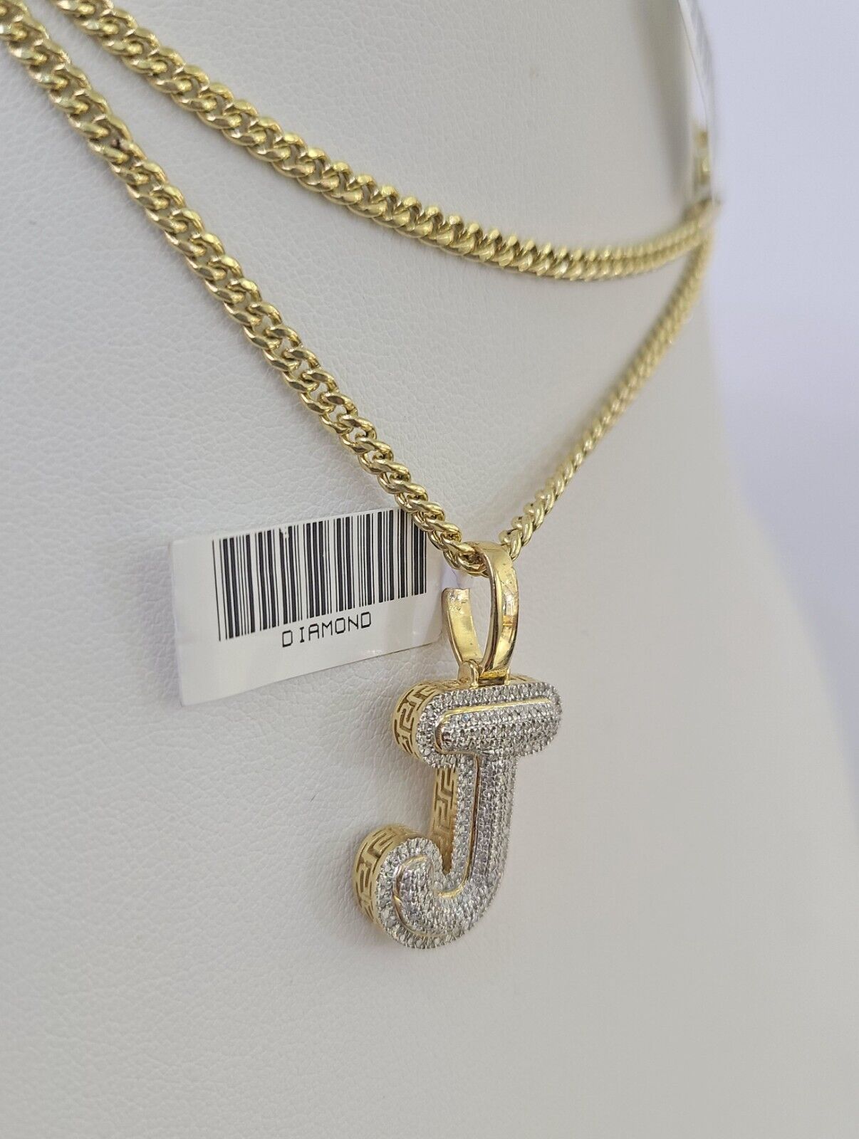 Real 10k Gold Necklace Chain Diamond J Alphabet Charm SET 3mm Miami Cuban Link
