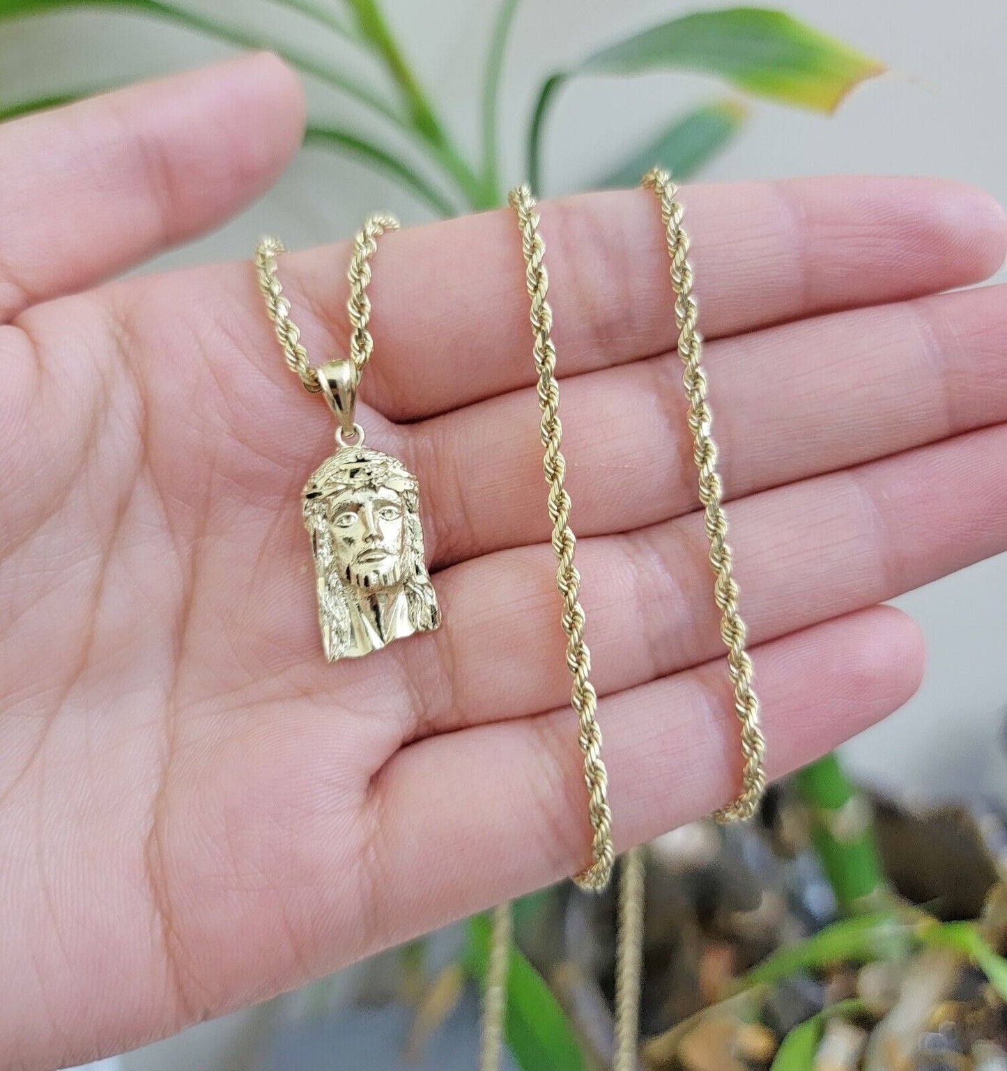 REAL 10k Gold Pendant & Solid Rope Chain Necklace 18" - 24 Inch Jesus Face Charm