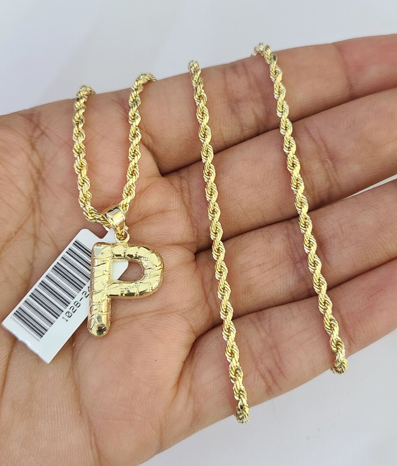10k Gold Initial P Charm Rope Chain 16"-26" 2.5mm SET Necklace Alphabet Pendant