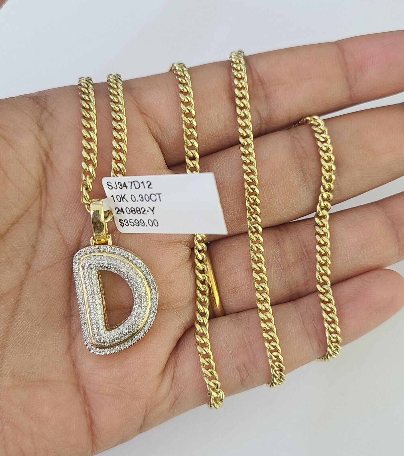 Real 10k Gold Necklace Chain Diamond D Alphabet Charm SET 3mm Miami Cuban Link