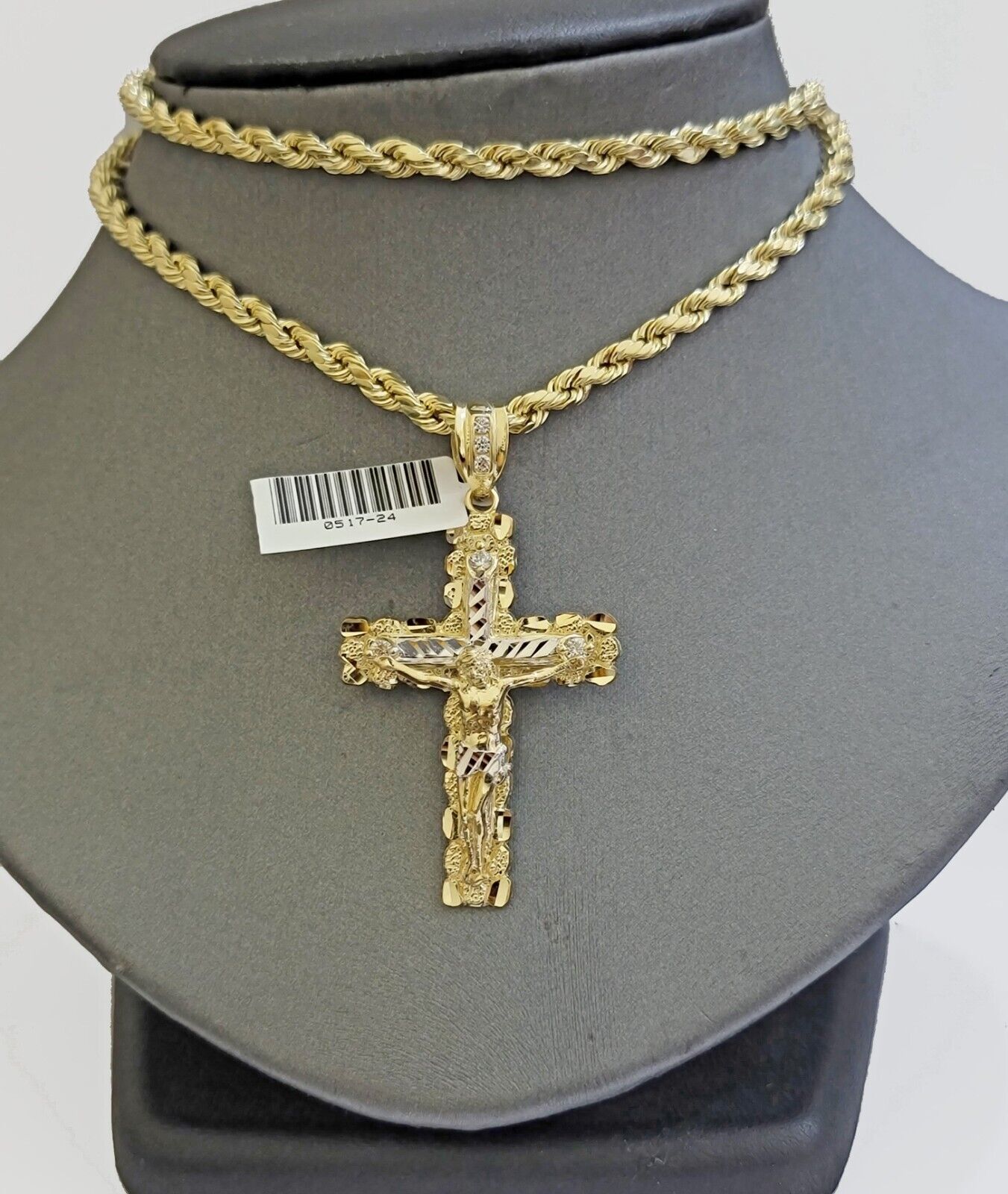 Real 10k Gold Rope Chain Jesus Cross Charm SET 4mm 20'' Necklace & Pendant Men's